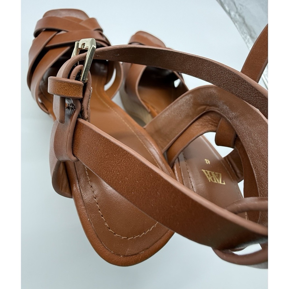 Zara Leather Platform retro chunky Strappy Wooden‎ Heeled Sandals Size 10 - Picture 10 of 15